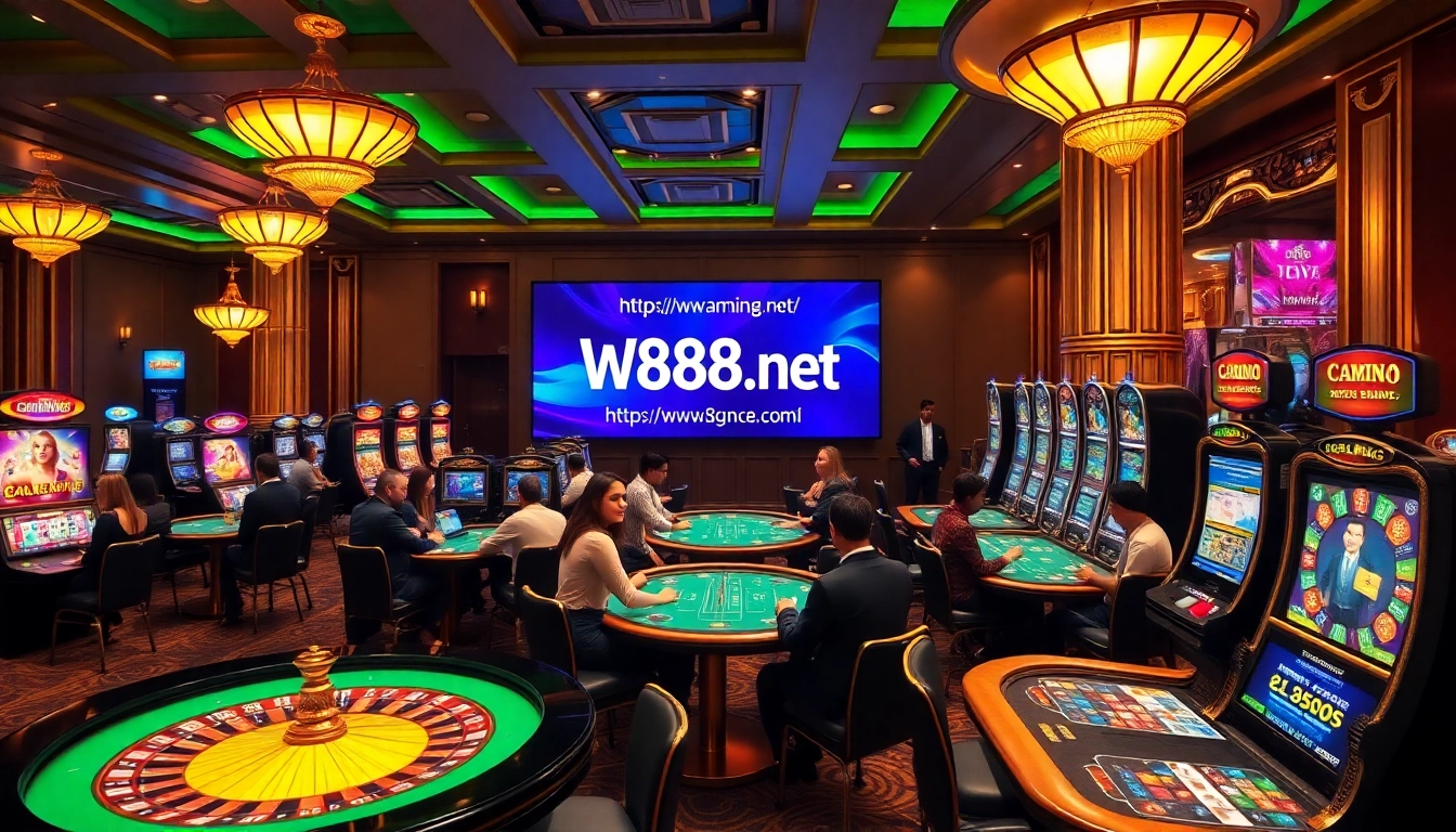 Exciting gaming atmosphere at https://w88ai.net/ showcasing professional gamblers at lavish tables.