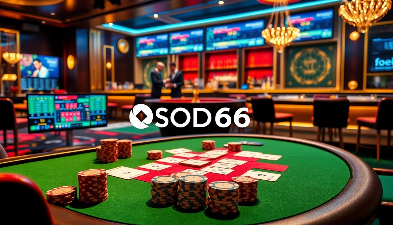 SODO66 gaming experience at a luxurious casino with poker tables and roulette wheels.