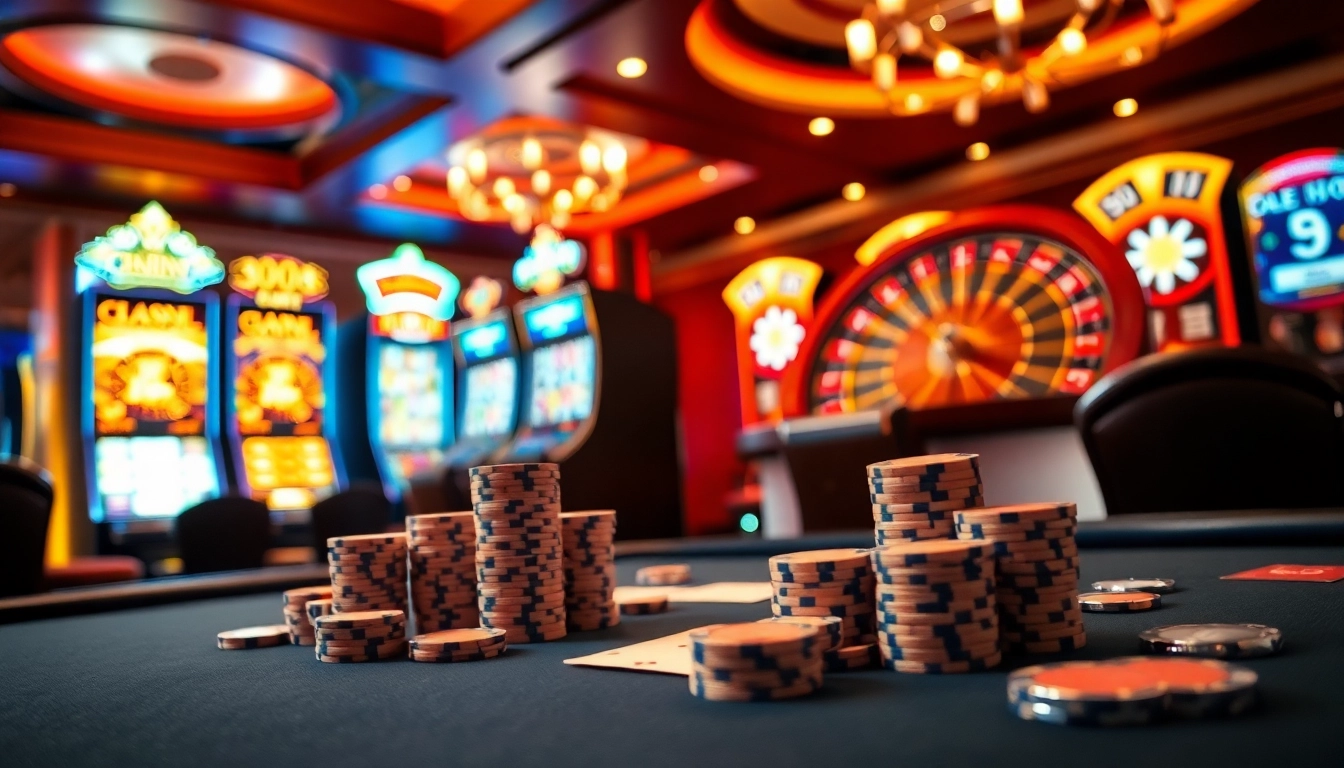 A dynamic casino scene at https://555win1.it.com showcasing a poker table, roulette wheel, and vibrant slot machines.