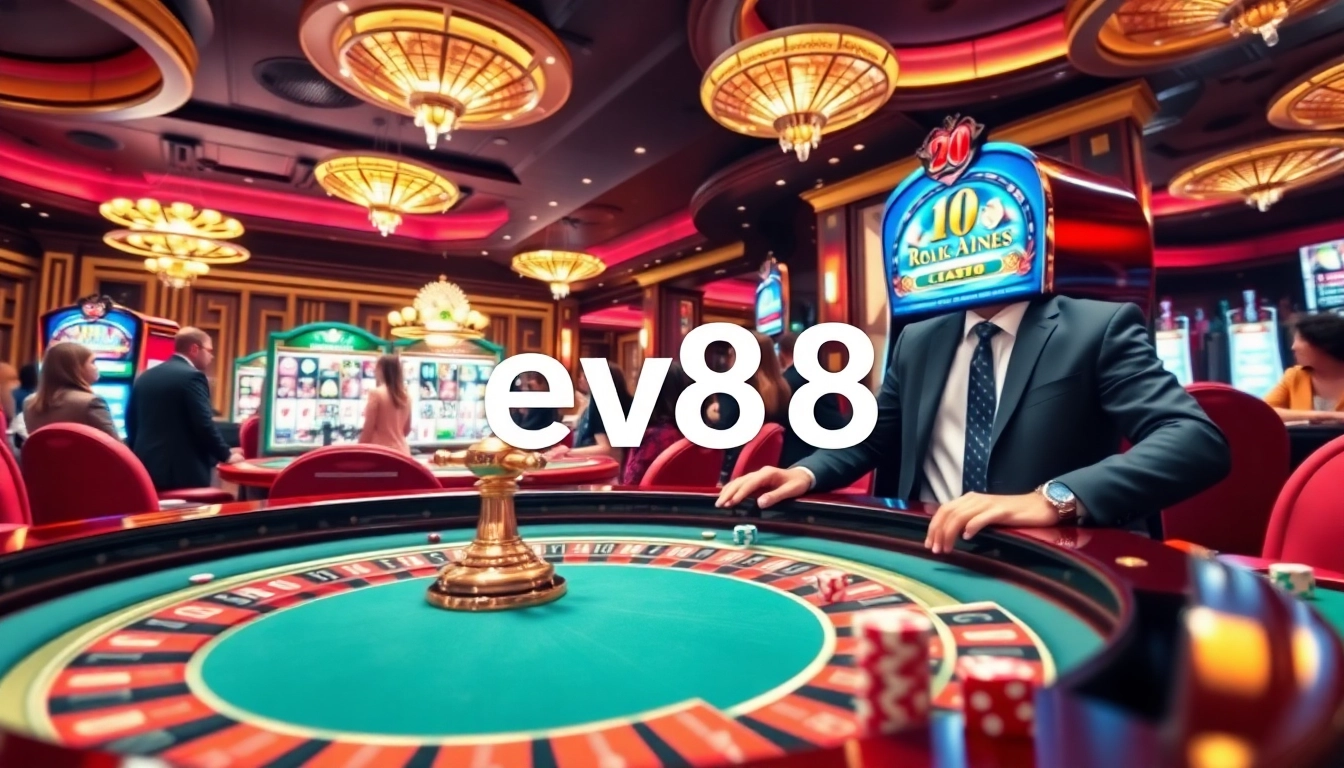 Players engaging in thrilling casino games at ev88 with roulette, poker chips, and excitement.