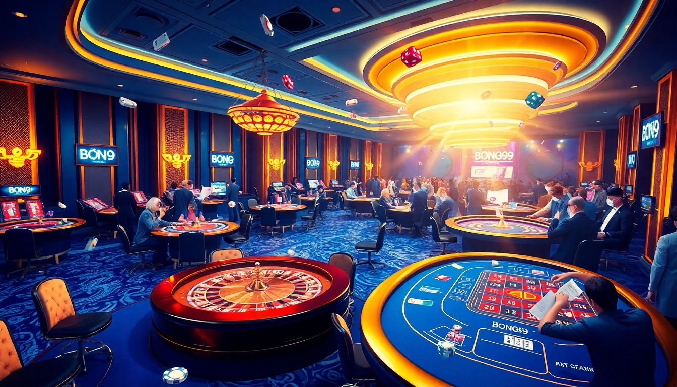 Bong99 gaming scene with vibrant casino tables and players in action, conveying excitement.