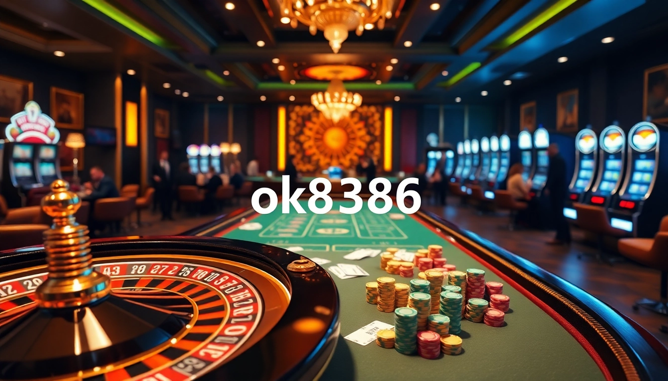 Engaging scene of online gambling with ok8386, featuring poker tables and casino slots.