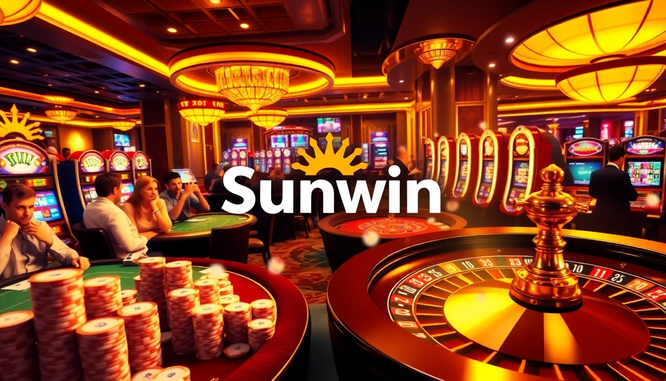 Players winning at the sunwin casino, enjoying an exciting game of poker with vibrant casino tables.