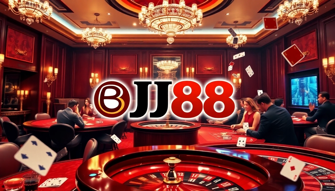 Engage with BJ88 at a luxurious casino, highlighting dynamic poker play, vibrant chips, and immersive gaming.