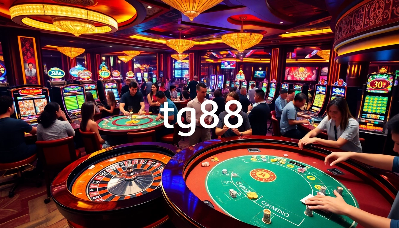 Players enjoying a thrilling casino experience with tg88 branding amidst vibrant gaming tables.