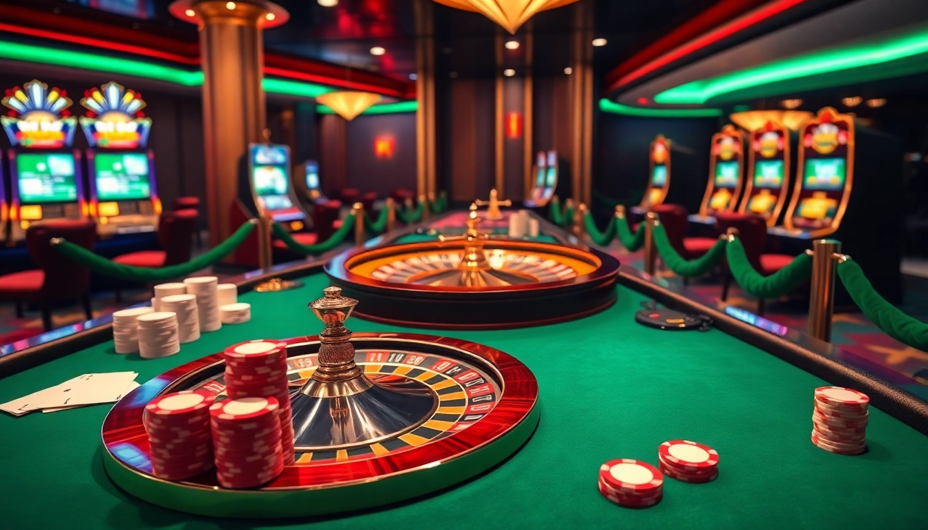Experience the thrill of betting at https://luongsontv5.com/ in a luxurious casino scene with poker and roulette.