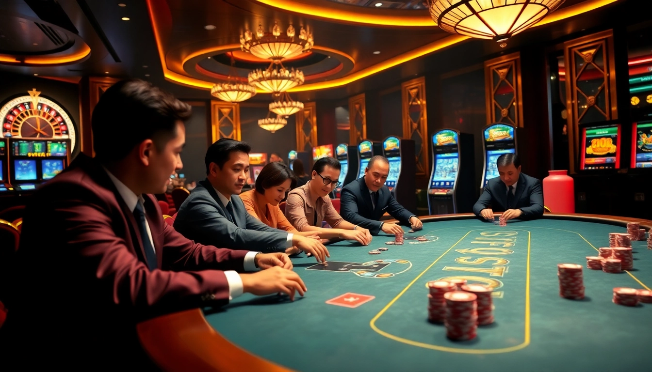 A high-stakes poker scene featuring players and vibrant casino elements at http://ww88tg.com/, highlighting excitement and winning strategy.