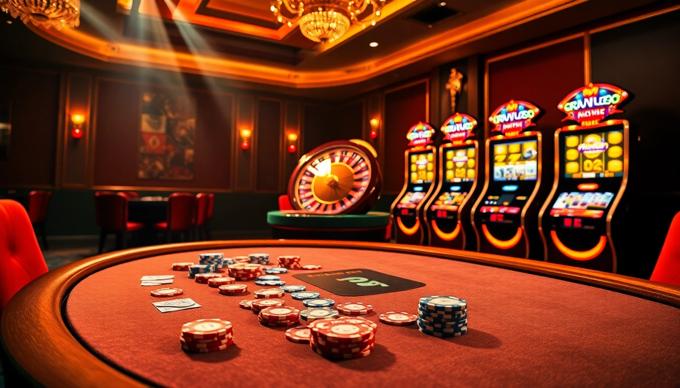 Experience the excitement of rikvip at a luxurious casino, showcasing a vibrant poker table and roulette wheel.