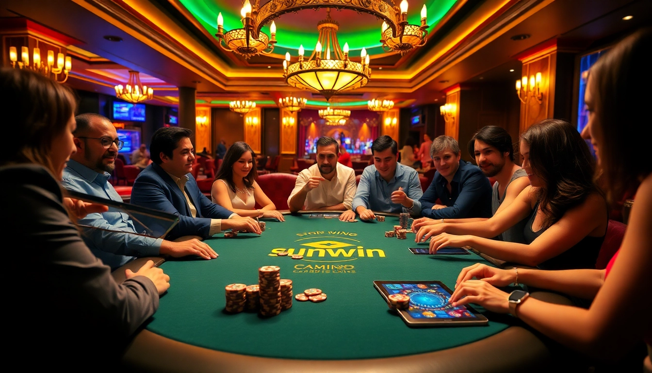 Excited players enjoying a strategic game at the sunwin casino table, surrounded by chips and cards.