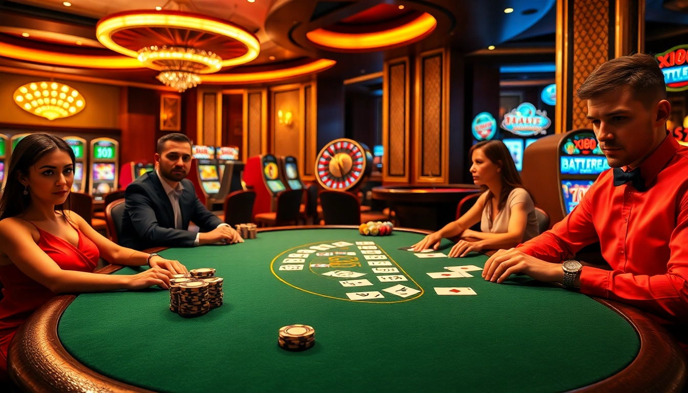 Gamblers enjoying a thrilling poker game at X88 casino, with vibrant slot machines illuminating the atmosphere.