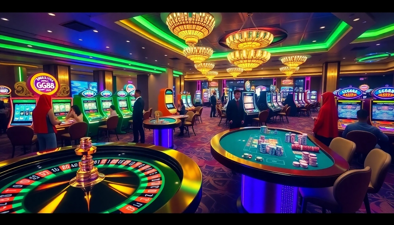 GG88 players enjoying a vibrant casino atmosphere with modern gaming elements