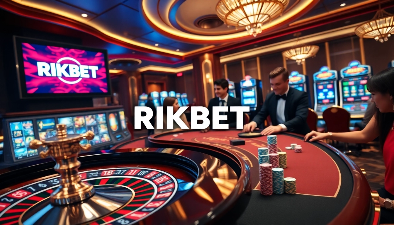 RIKBET casino gaming scene with roulette wheel and poker tables filled with chips.