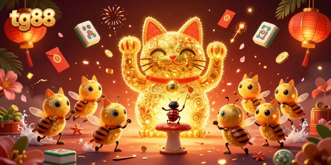 Experience the thrill of tg88 casino with a dynamic illustration of a giant lucky cat made from golden fireflies, surrounded by casino-themed elements.