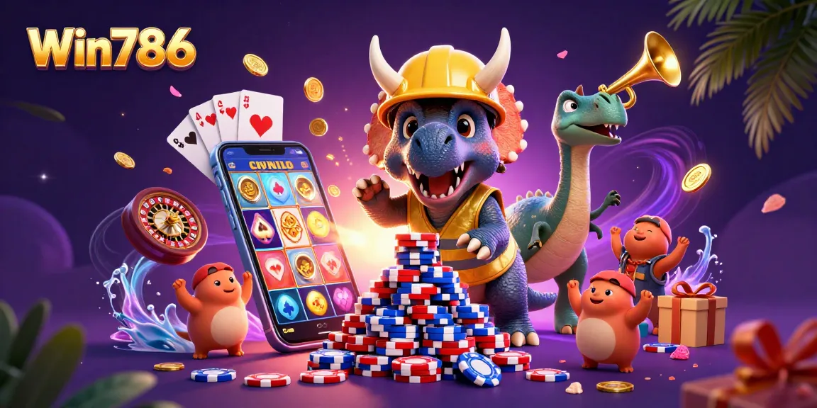 Experience the thrill of Win786 with 3D characters building poker chip pyramids while celebrating!