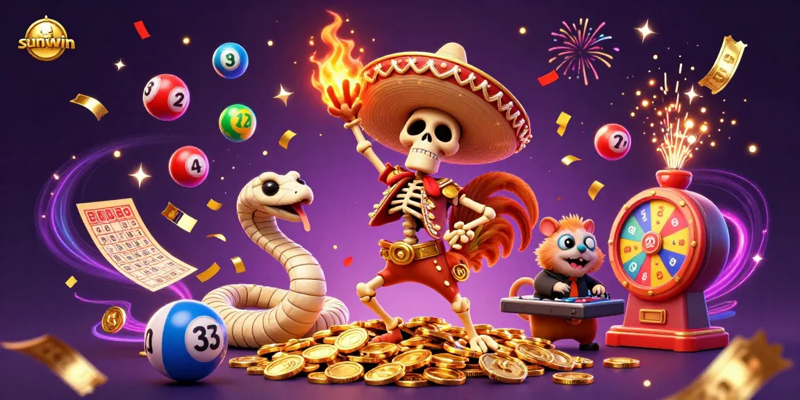Experience thrilling wins at sunwin with dynamic lottery balls and energetic 3D characters celebrating in a casino scene.