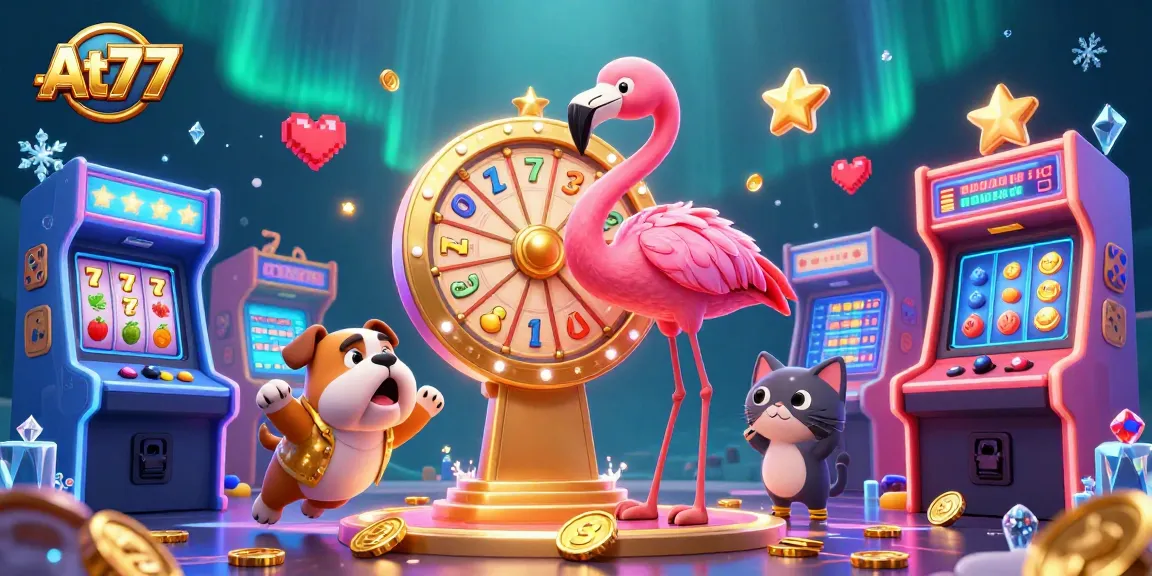 At77 engages players with a lively scene of a flamingo host and bulldog contestant in a sparkling casino game.