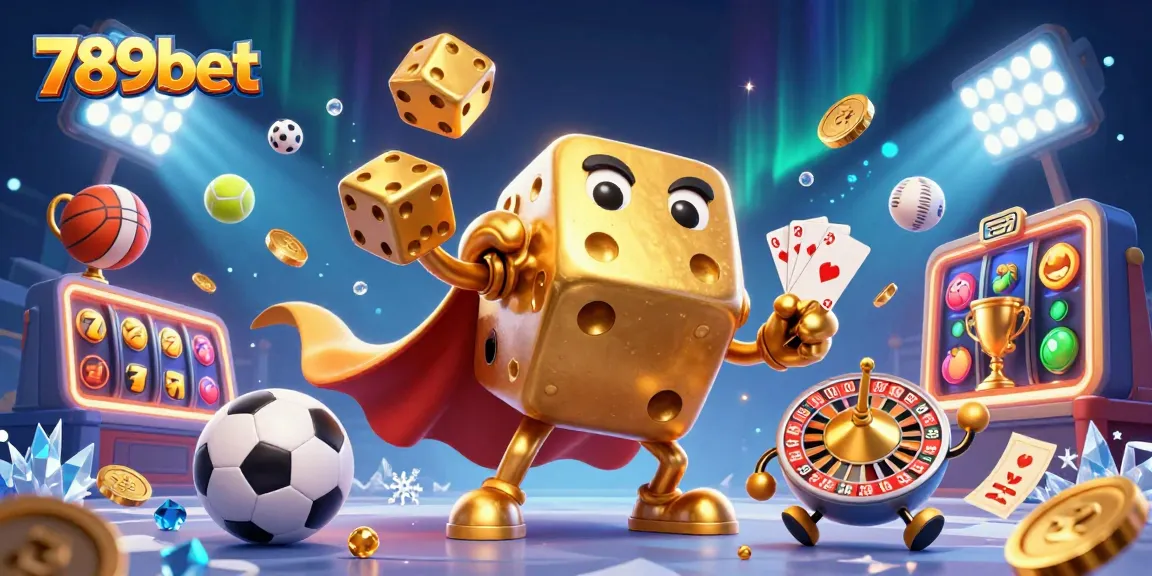 Experience thrilling gameplay with 789bet as a cartoon dice golem juggles golden dice amidst dynamic sports action.