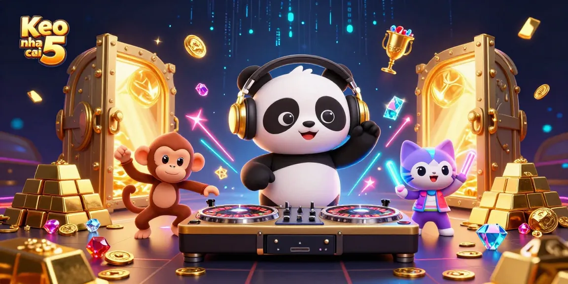 Keo nha cai 5 showcases a lively 3D scene with a DJ panda, dancing monkey, and kitten amid vibrant casino elements.