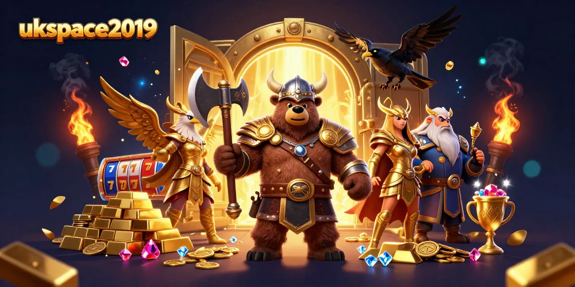 ukspace2019 vibrant casino scene with a Viking bear, Valkyrie eagle, and golden treasures