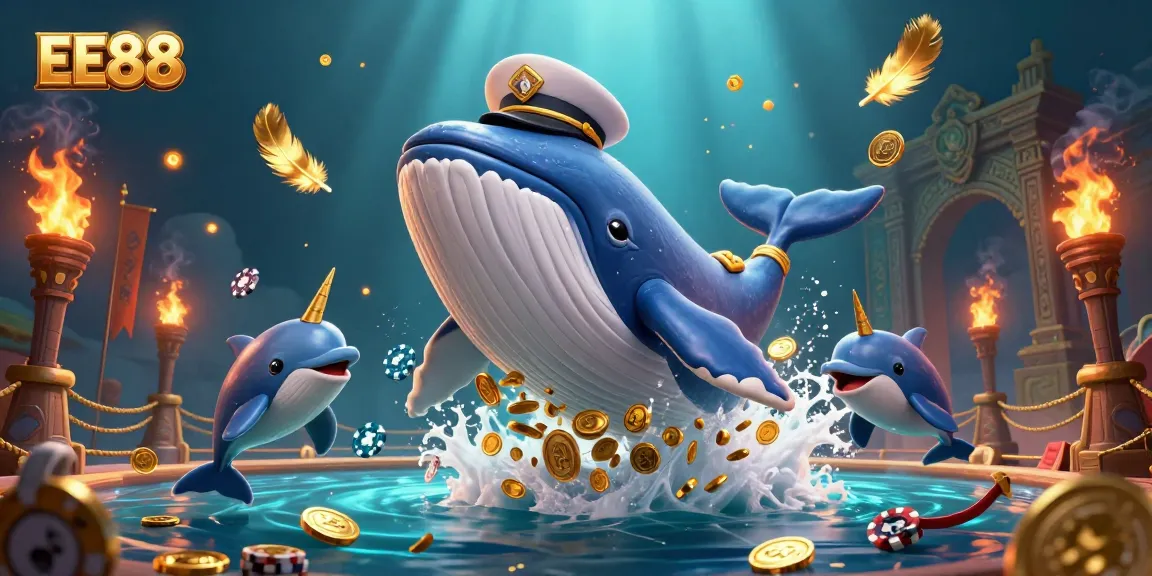 EE88 showcases a vibrant 3D illustration of a cartoon whale and casino elements, breaching through coins.